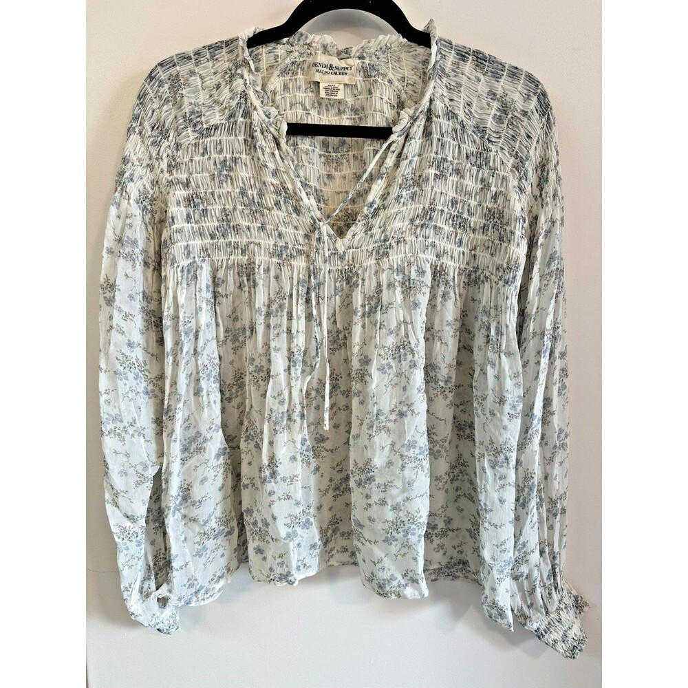 Ralph Lauren Sheer Peasant Blouse Boho Floral Victorian Fairy Cowgirl Smocked XS